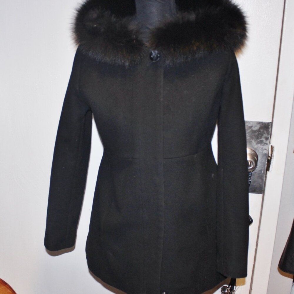 $599 Beautiful Black Mid Length Coat Jacket w Genuine Fox Fur Hood PP will Fit S